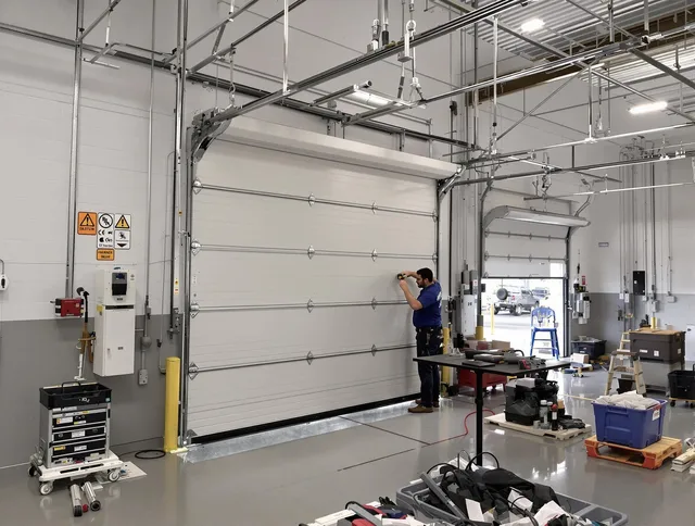 Commercial garage door repair being performed by Monroe Garage Door Repair expert in Monroe