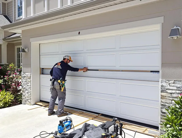 Monroe Garage Door Repair team performing complete garage door replacement at Monroe residence