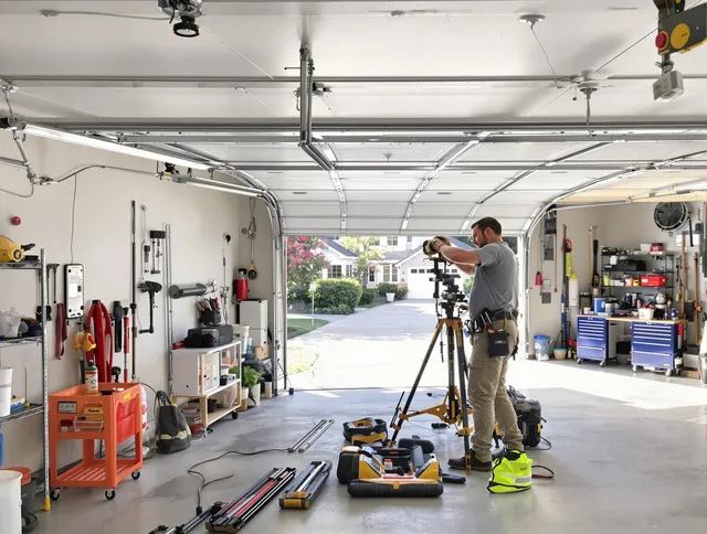 Monroe Garage Door Repair specialist performing laser-guided track alignment in Monroe
